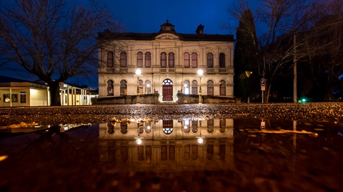 Night time exterior of historic Beechworth Town Hall